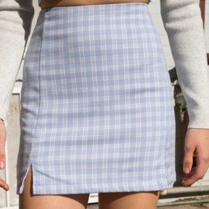 Blue and White Seersucker A Line Mini Skirt with Double Slit